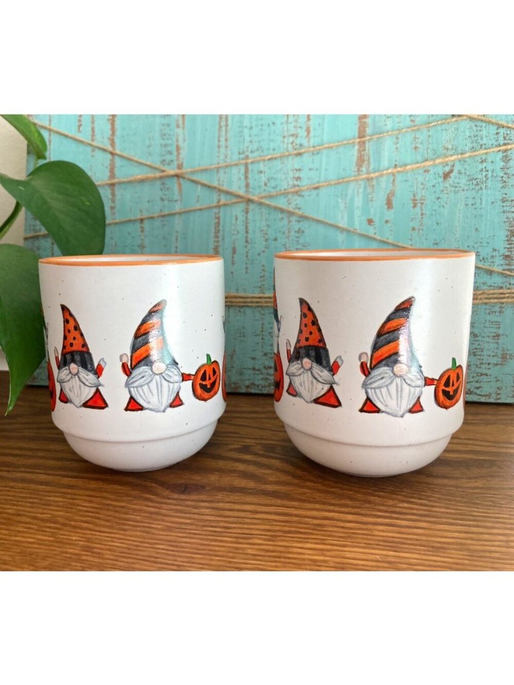 Cobwebs & Cauldrons Halloween Gnomes Pumpkins Jack o Lantern 2pc Stackable Mugs